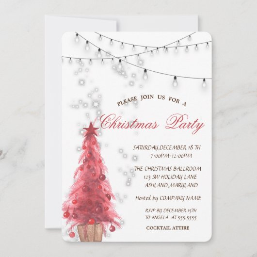 Waterverf rode pineTree,lampjes,kerstfeest Kaart (Voorkant)