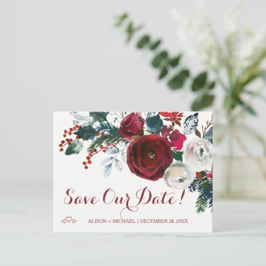 Waterverf rode pioenen winter bruiloft opslaan dat aankondigingskaart (Staand voorkant)