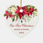 Waterverf Rode Poinsettia Bloemen Eerste Kerstmis Keramisch Ornament (Achterkant)