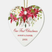 Waterverf Rode Poinsettia Bloemen Eerste Kerstmis Keramisch Ornament (Links)