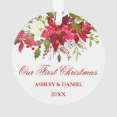 Waterverf Rode Poinsettia Bloemen Eerste Kerstmis Ornament (achterkant)