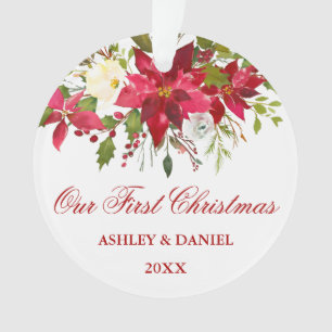 Waterverf Rode Poinsettia Bloemen Eerste Kerstmis Ornament