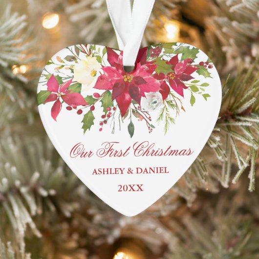 Waterverf Rode Poinsettia Bloemen Eerste Kerstmis Ornament (Boom)