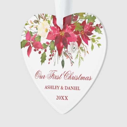 Waterverf Rode Poinsettia Bloemen Eerste Kerstmis Ornament (voorkant)