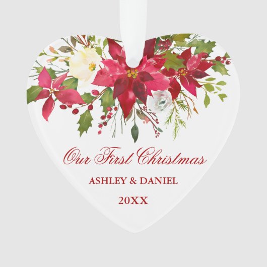 Waterverf Rode Poinsettia Bloemen Eerste Kerstmis Ornament (voorkant)