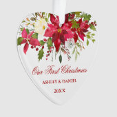 Waterverf Rode Poinsettia Bloemen Eerste Kerstmis Ornament (voorkant)