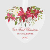 Waterverf Rode Poinsettia Bloemen Eerste Kerstmis Ornament (achterkant)