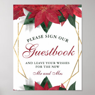 Waterverf Rode Poinsettia Bloemige Trouwgastenboek Poster