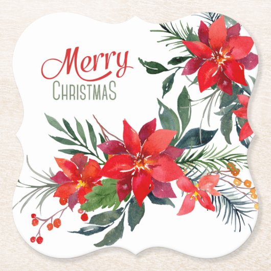 Waterverf Rode Poinsettia Boeket Vakantie Kartonnen Onderzetters (Voorkant)