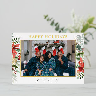 Waterverf Rode Poinsettia Botanische Bloemen Foto Folie Feestdagenkaart