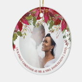 Waterverf Rode Poinsettia Eerste Kerstmis Mr. Mrs Keramisch Ornament (Links)