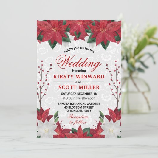 Waterverf Rode Poinsettia Floral kerstbruiloft Kaart (Staand voorkant)