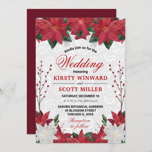 Waterverf Rode Poinsettia Floral kerstbruiloft Kaart (Voorkant / Achterkant)