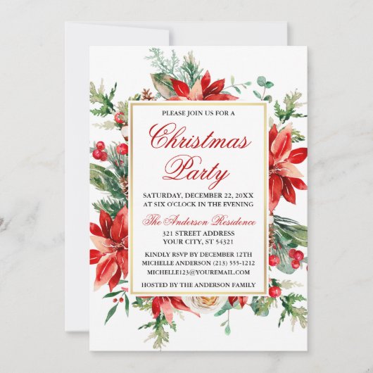Waterverf Rode Poinsettia Floral kerstfeest Kaart (Voorkant)