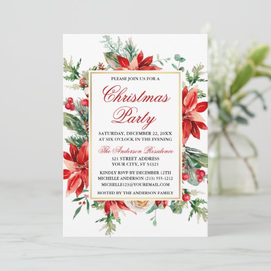 Waterverf Rode Poinsettia Floral kerstfeest Kaart (Staand voorkant)