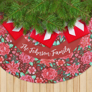 Waterverf Rode Poinsettia Flowers + familienaam Kerstboom Rok