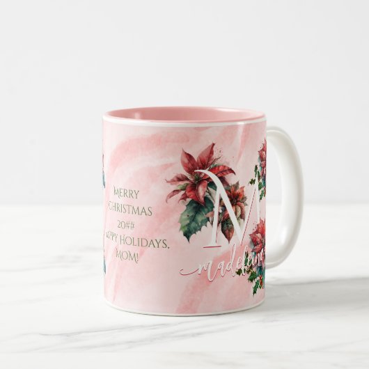 Waterverf Rode Poinsettia Mistletoe Naam Kerst Tweekleurige Koffiemok (Voorkant rechts)