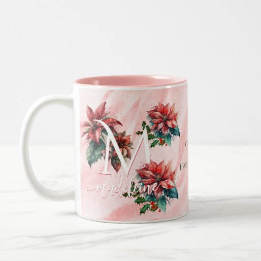 Waterverf Rode Poinsettia Mistletoe Naam Kerst Tweekleurige Koffiemok (Links)