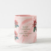 Waterverf Rode Poinsettia Mistletoe Naam Kerst Tweekleurige Koffiemok (Center)