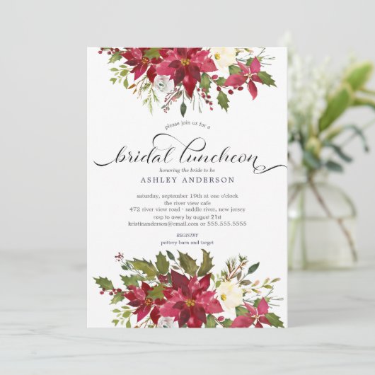 Waterverf Rode Poinsettia Vrijgezellenfeest Lunche Kaart (Staand voorkant)