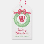 Waterverf rode polka dot boog monogram krans cadeaulabel (Voorkant)