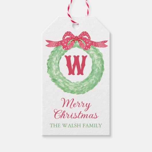 Waterverf rode polka dot boog monogram krans cadeaulabel (Voorkant)