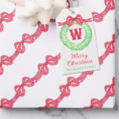 Waterverf rode polka dot boog monogram krans cadeaulabel