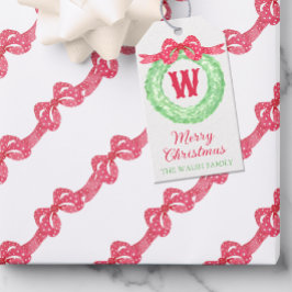 Waterverf rode polka dot boog monogram krans cadeaulabel