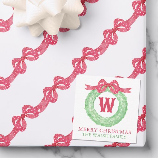 Waterverf rode polka dot boog monogram krans notitiekaartje