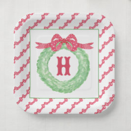 Waterverf rode polka dot boog monogram krans papieren bordje