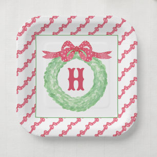 Waterverf rode polka dot boog monogram krans papieren bordje