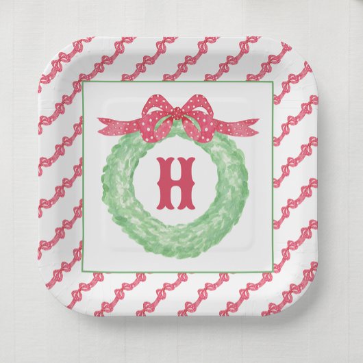 Waterverf rode polka dot boog monogram krans papieren bordje