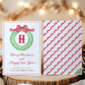 Waterverf Rode Polka Dot Bow Monogram Krans Partij Feestdagenkaart