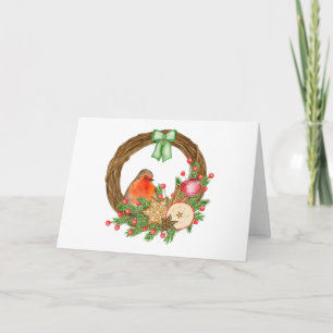 Waterverf Rode Robin en Kerstmis Landelijke Krans Kaart