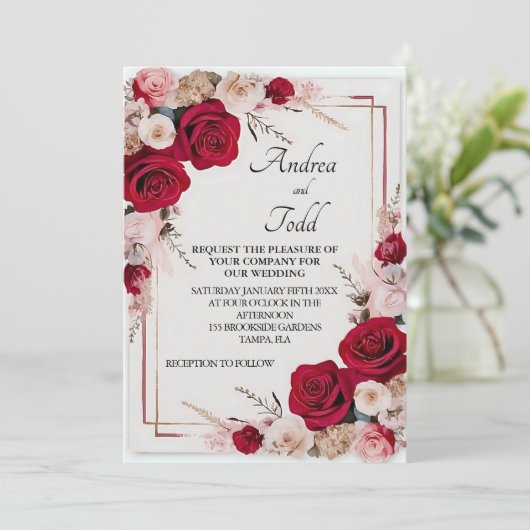 Waterverf rode roos bruiloft kaart (Staand voorkant)