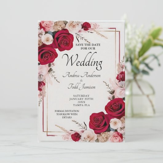 Waterverf rode roos bruiloft save the date (Staand voorkant)