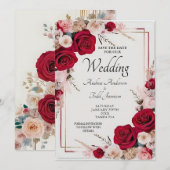 Waterverf rode roos bruiloft save the date (Voorkant / Achterkant)