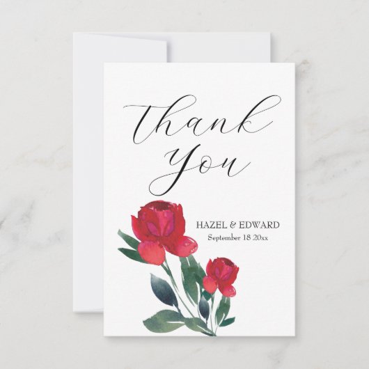 Waterverf Rode Rose Bloemen Bruiloft Bedankkaart (Voorkant)
