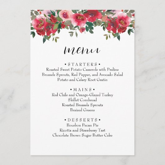 Waterverf Rode Rose Bloemen Bruiloft Menu (Voorkant)