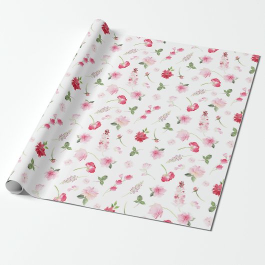 Waterverf Rode roze Floral Cadeaupapier (Uitgerold)