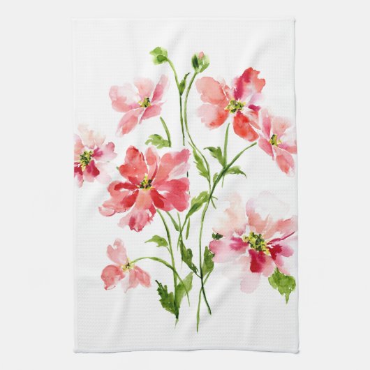 Waterverf rode roze papaverbloem theedoek (Verticaal)