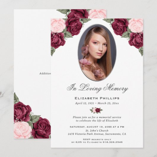 Waterverf Rode Roze Rozen Foto Memorial Service Kaart (Voorkant / Achterkant)
