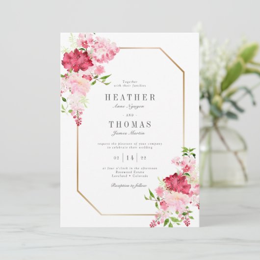 Waterverf Rode roze rozen gouden Lijst bruiloft Kaart (Staand voorkant)