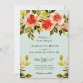 Waterverf rode rozen botanische munt groene bruilo kaart (Voorkant)