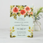 Waterverf rode rozen botanische munt groene bruilo kaart (Staand voorkant)