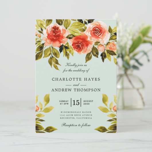 Waterverf rode rozen botanische munt groene bruilo kaart (Staand voorkant)
