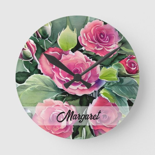 Waterverf Rode Rozen Gepersonaliseerd Ronde Klok (Voorkant)