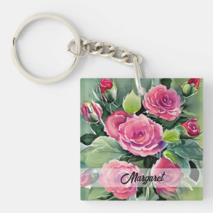 Waterverf Rode Rozen Gepersonaliseerd Sleutelhanger