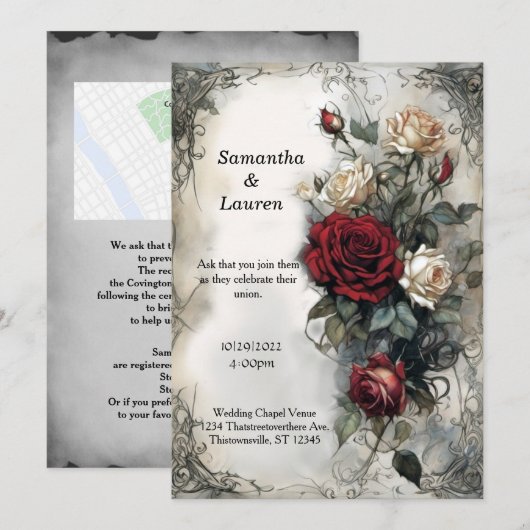Waterverf rode rozen  Gothic bruiloft Kaart (Voorkant / Achterkant)