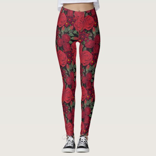 Waterverf rode rozen op zwart, leggings (Voorkant)